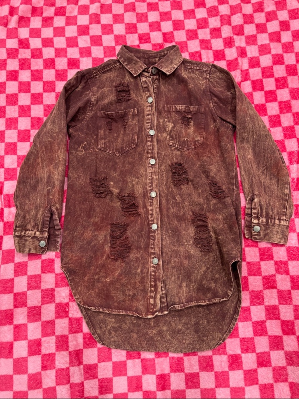 Thrill Washed/Distressed/Discolored Rust Button-Up Shirt